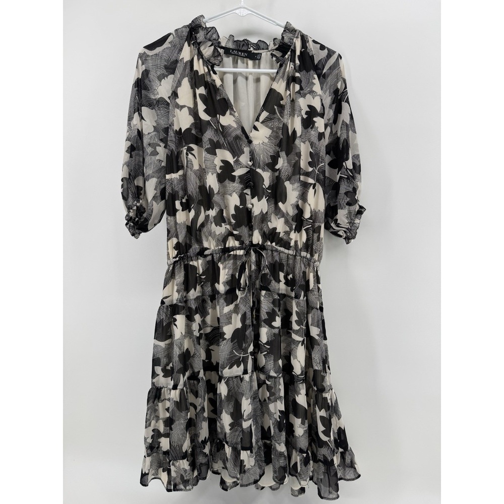 Lauren Ralph Lauren Size 8 Floral Elastic Waist Sheer Lined Dress Black Label